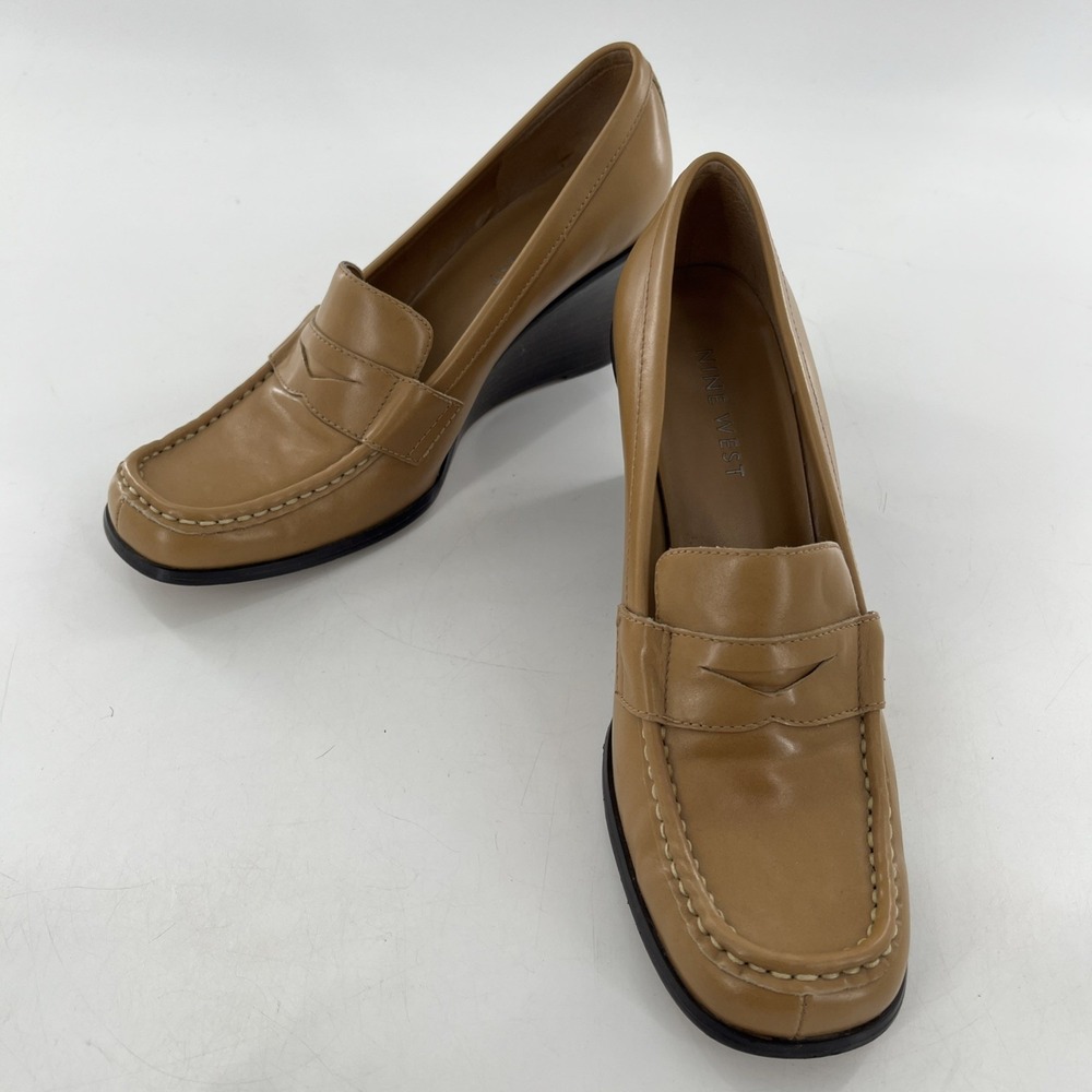 Vintage 90s Nine West Wedge Womens‎ Square Toe Pinched Loafers Nude Granny 9.5 M